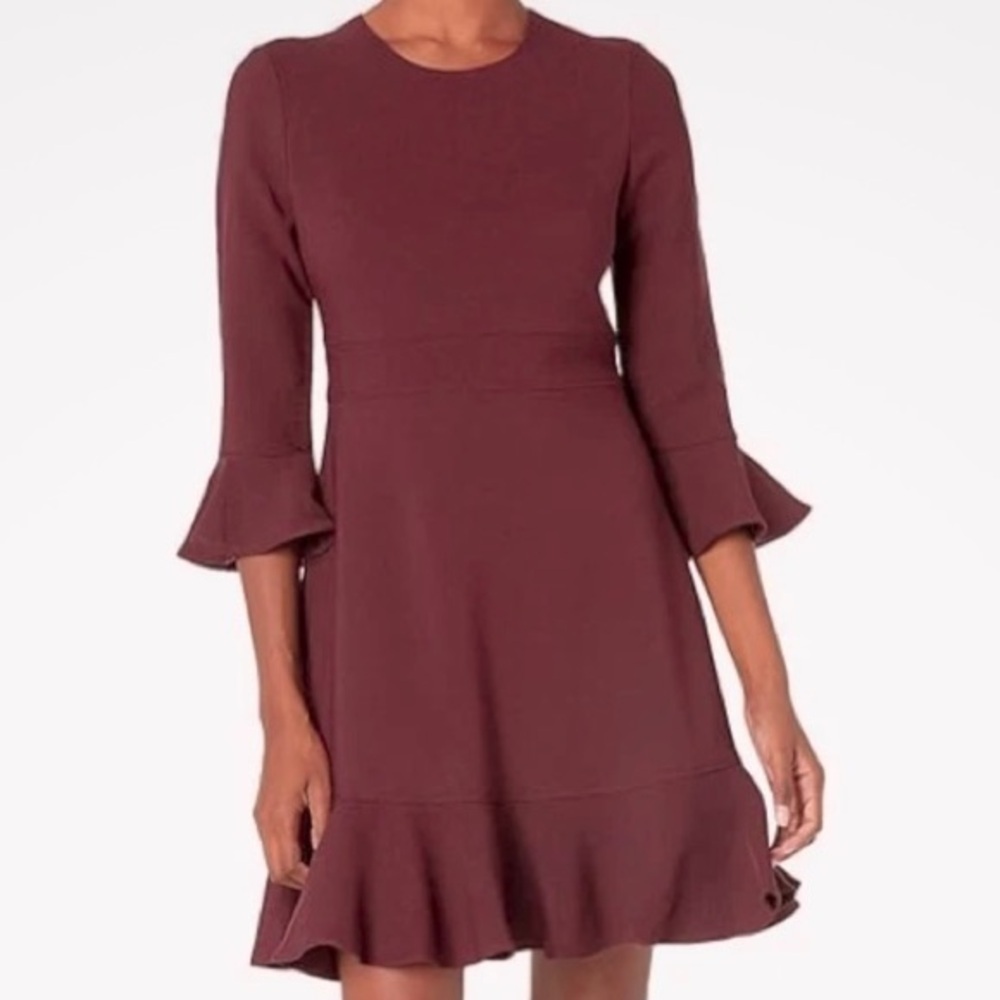 EUC Eliza J Bell Sleeve Flounce Hem Fit & Flare Dress Burgundy Size 6 Petite